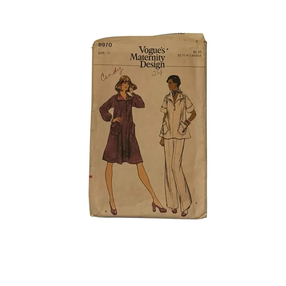 VOGUE 8970 VTG 70s Maternity Dress Top Pants Sewing Pattern Size‎ 14 UNCUT